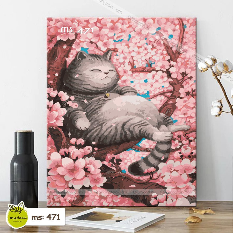 Tranh tô màu 40x50cm có khung chú mèo mùa xuân T471