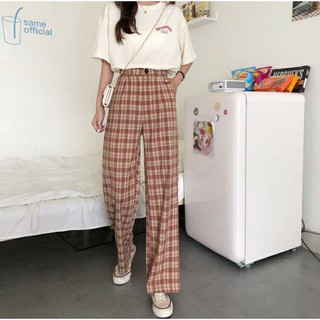 [SẴN] Quần caro ống rộng chun eo sau hàng nhập Taobao (3 màu hồng, xanh, đen)