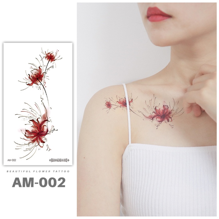 Hình dán tạm thời nhành hoa bỉ ngạn đỏ am002. Xăm giả tatoo size vừa