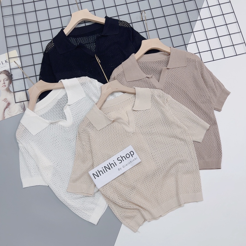 Áo polo len lỗ thưa màu trắng, Áo kiểu len cổ bẻ ngắn tay bo chun AL1379 - NhiNhi Shop