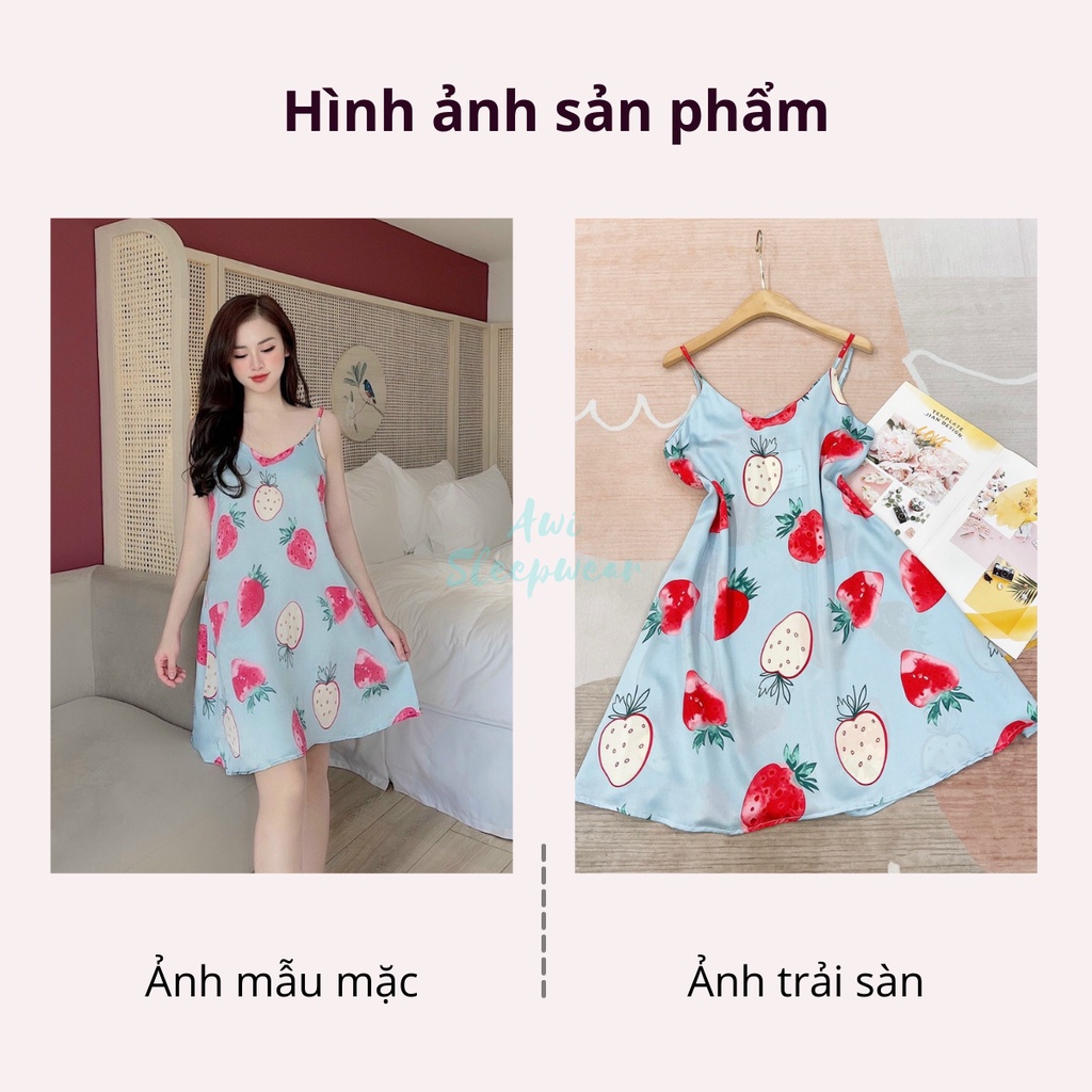 Váy Ngủ 2 Dây Nhỏ Hình Dâu Dễ Thương Lụa Satin Mát Lạnh - Awi Sleepwear