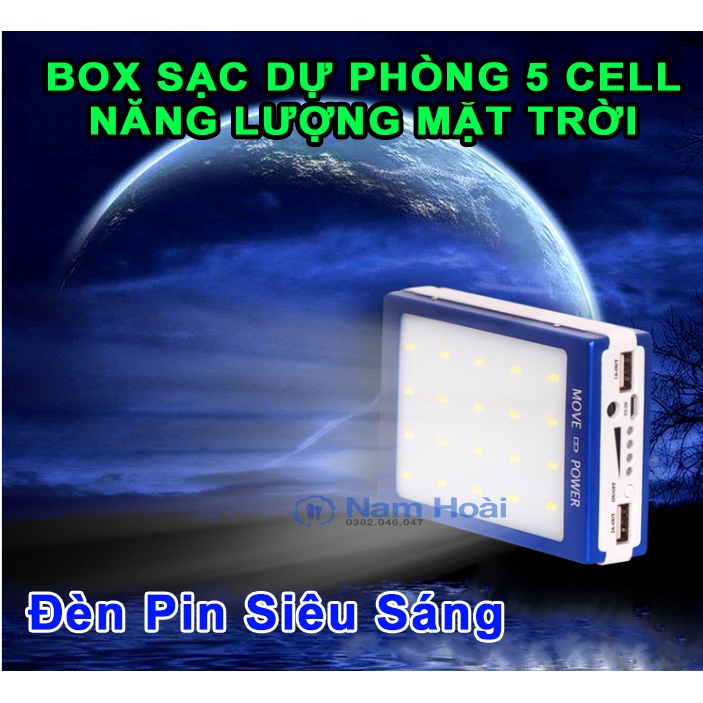 Box sạc dự phòng 5 pin 18650 năng lượng mặt trời (không gồm pin)