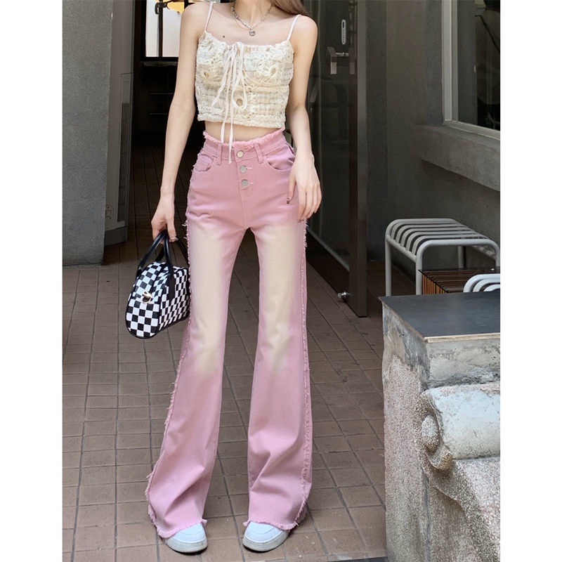 Jiashucheng Quần Jean Lưng Cao Dáng Ôm Màu Hồng Sờn Dễ Phối Đồ Thời Trang Mùa Hè Cho Nữ