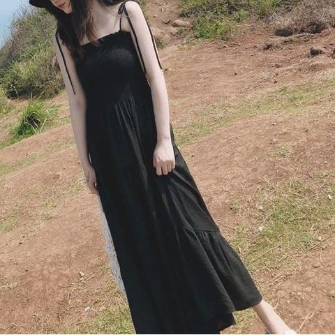 Đầm Dài Hai Dây Màu Đen Thời Trang Mùa Hè Cho Nữ
