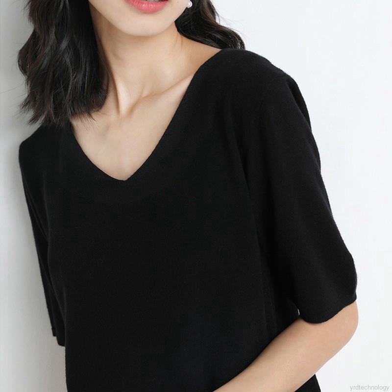 Summer Women V Neck Solid Casual Short Sleeve Simple T-Shirt | BigBuy360 - bigbuy360.vn