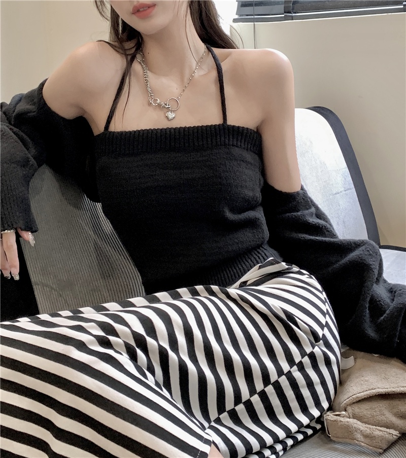 55091 Phong Cách Mới Áo Yếm Dệt Kim + Áo Cardigan Ngắn Hai Mảnh