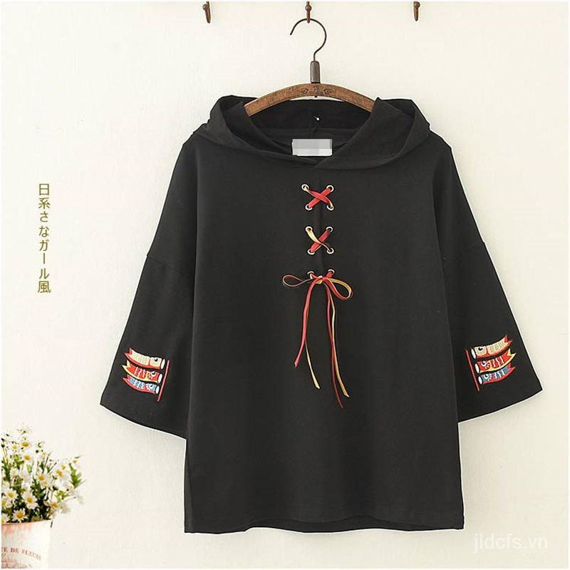 Áo hoodie tay ngắn dáng rộng chất liệu mềm mại thêu họa tiết phong cách mùa nhật bản thời trang mùa hè cho nữ