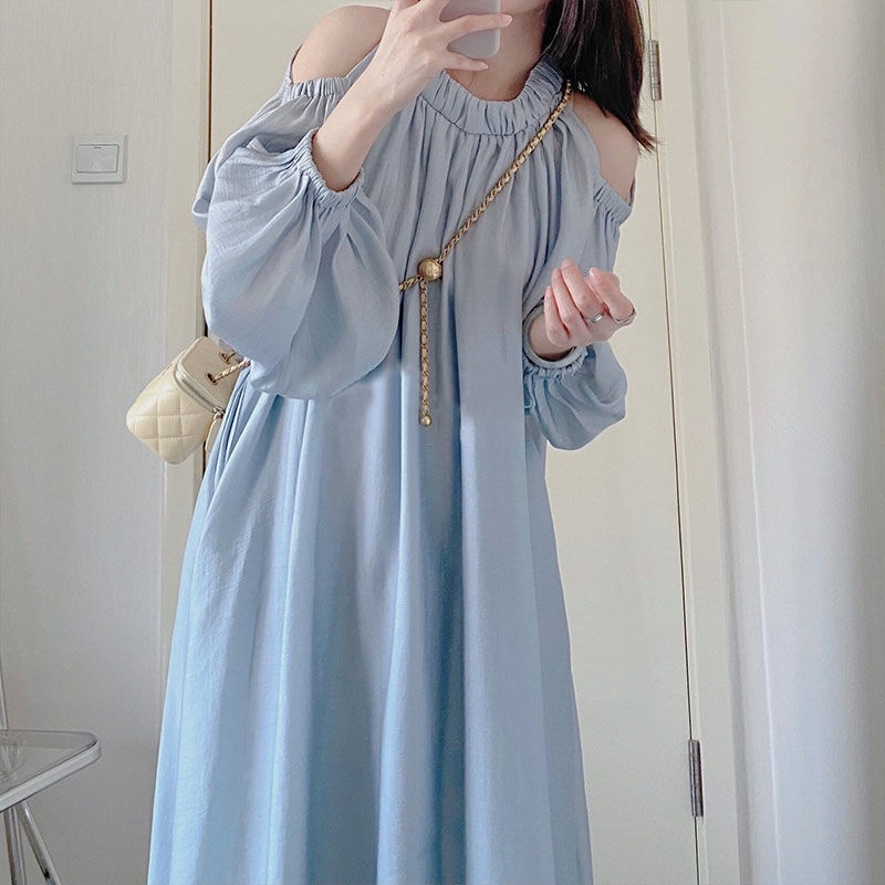 Đầm Dài Hở Vai Tay Phồng Màu Xanh Dương Phong Cách Pháp Thời Trang Cho Nữ