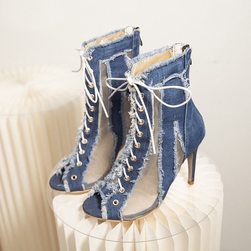 Giày Bốt Cao Gót Hở Mũi Phối Lưới Denim Dây Kéo Tua Rua Lưng Phong Cách Âu Mỹ Mùa Hè Cho Nữ