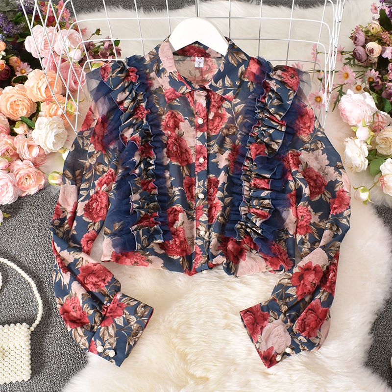 Áo Sơ Mi chiffon Tay Phồng Dài In Họa Tiết Hoa Phong Cách Hàn Quốc Mới 2020 Dành Cho Nữ
