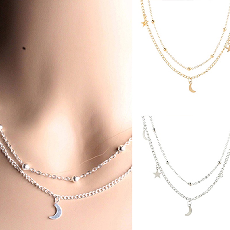 Dây Chuyền Bằng Hợp Kim Nhiều Tầng Hình Mặt Trăng Và Ngôi Sao Phong Cách Cổ Điển