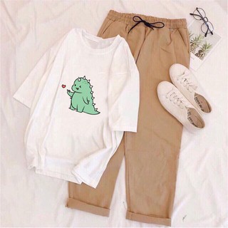 Sét Bộ Đồ Quần Áo Nữ Mặc Đi Chơi, Ở Nhà Mùa Hè, Áo Thun Phông Cotton Organic In Khủng Long Bắn Tim Kèm Quần Jogger Kaki