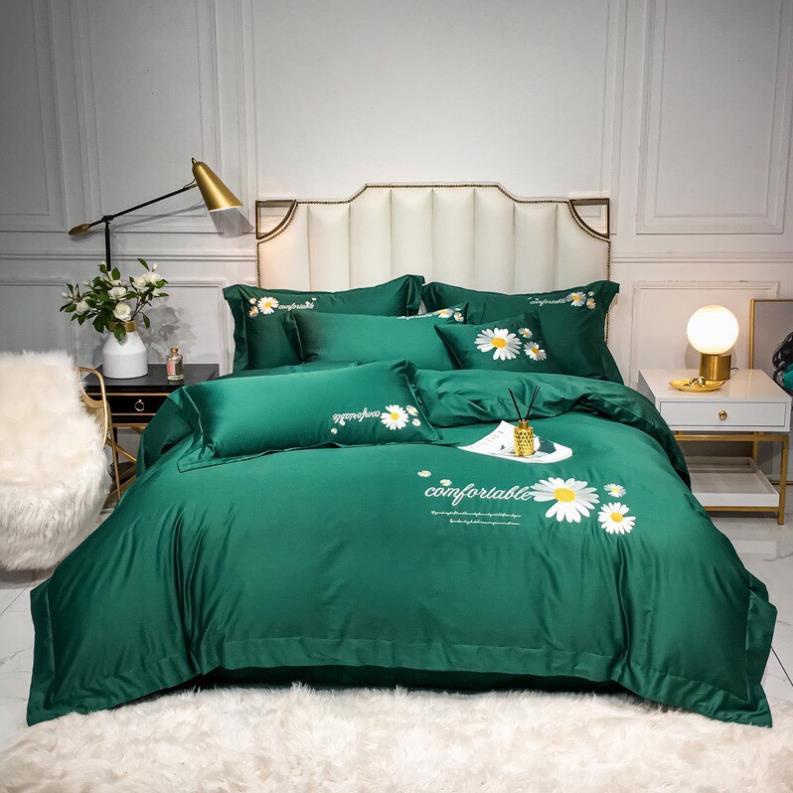 Bộ Ga Gối 4 Món Thuong Hiệu 🌸BEAR🌸 Lụa Thêu HOA CÚC MÀU XANH THAN. Sang Trọng Tinh Tế. Hàng Nhập. | BigBuy360 - bigbuy360.vn