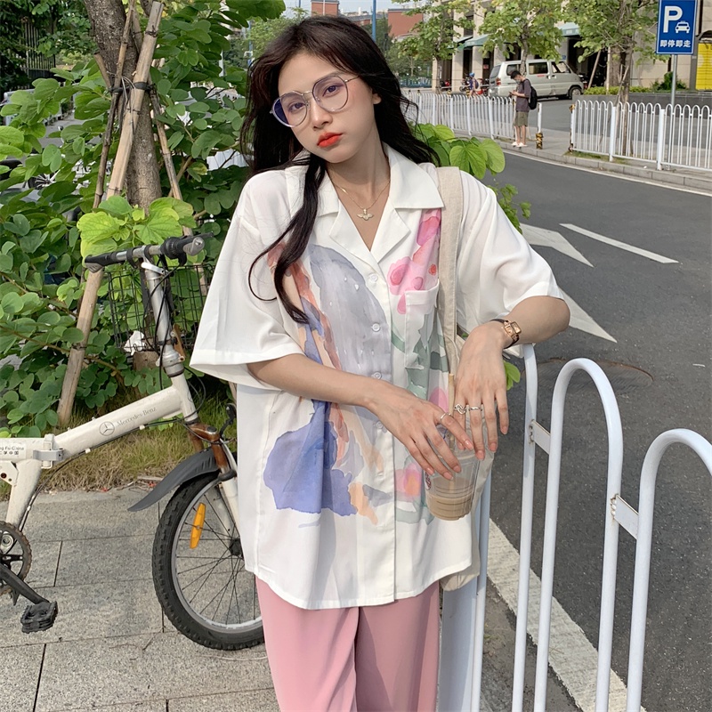 Áo Sơ Mi Tay Ngắn Họa Tiết Màu Nhuộm Thời Trang Cho Nữ