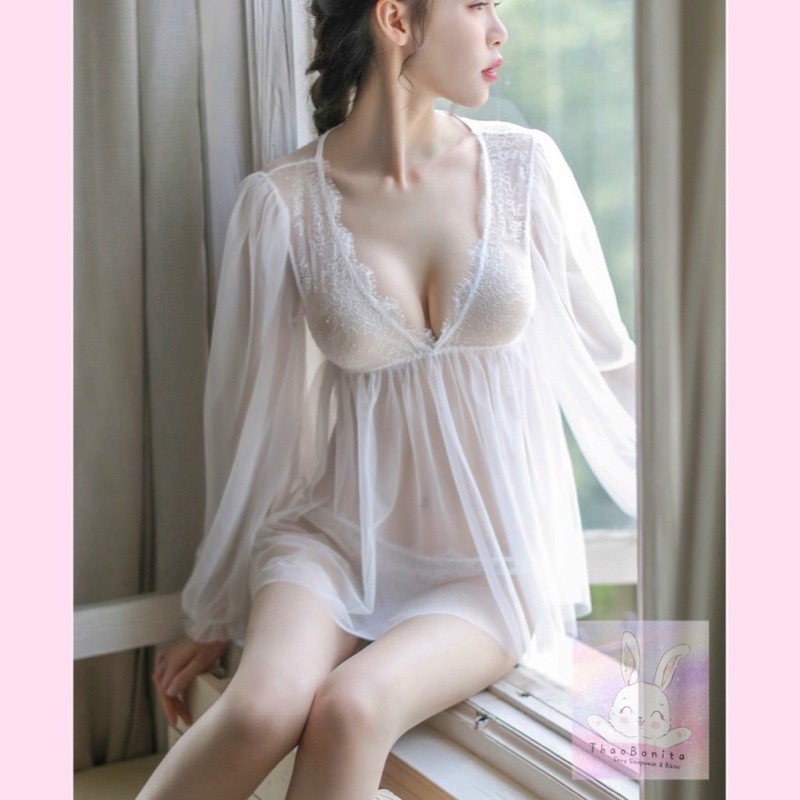 Váy ngủ Tiểu thư tay phồng ren xuyên thấu SEXY T225 GIAO HOẢ TỐC HCM