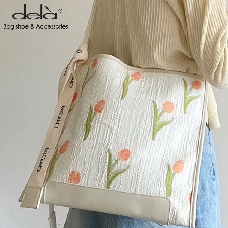 Dela Túi Xách Đeo Vai Vải Bạt In Hoa Tulip Đào Trẻ Trung Thời Trang Mới Mẻ Cho Nữ