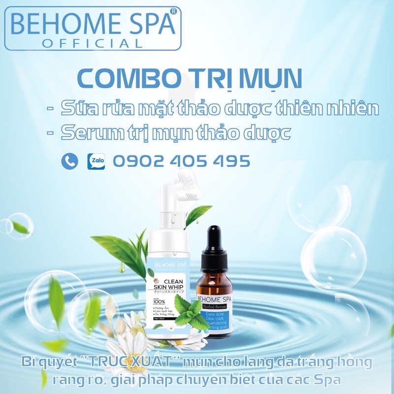 Combo chăm sóc da mụn: Serum mụn + sửa rửa mặt sạch mụn trắng da Behome Spa