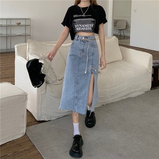 Váy denim xẻ eo cao phong cách Hàn Quốc