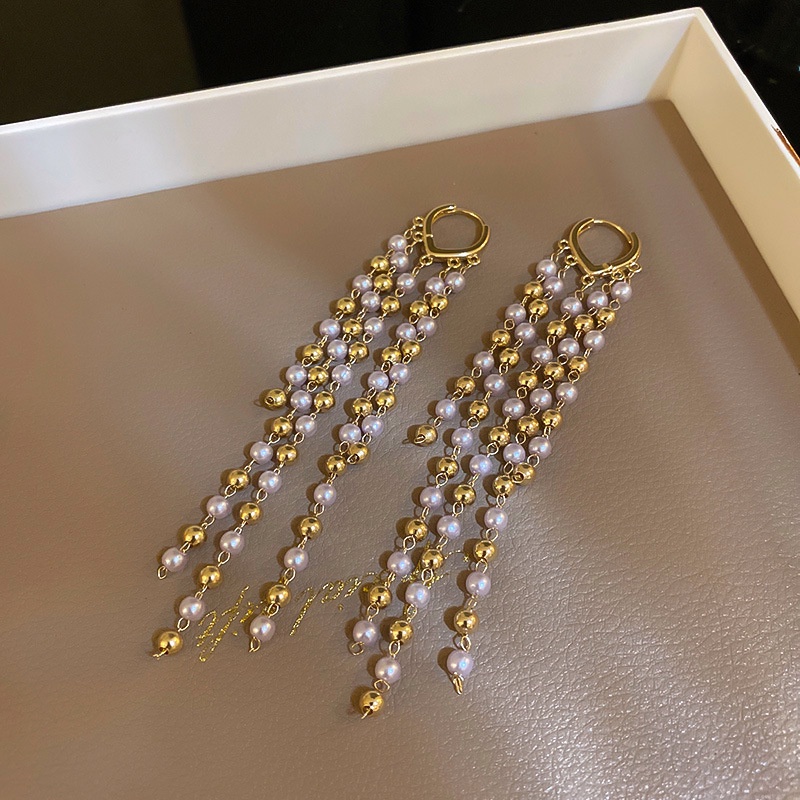 Khuyên Tai Tua Rua Dài Đính Ngọc Trai Sang Trọng Thời Trang Cho Nữ