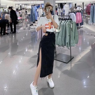 Chân váy jeans dài sẻ hot