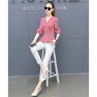 (XANH/  ĐỎ )Áo peplum tay dài