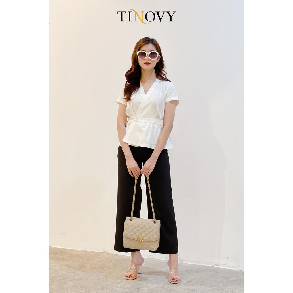 Áo kiểu tay dài cổ tim nẹp cài đan chần chỉ cho nữ công sở TINOVY H0192