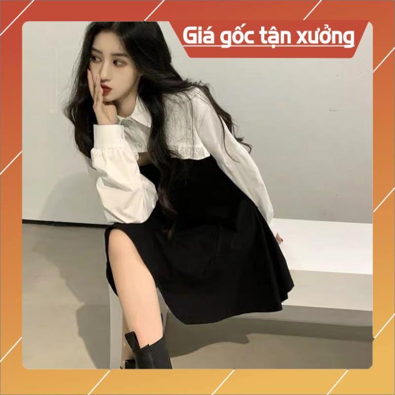 [Hàng Chất Lượng] Set Khoác Sơ Mi Lửng + Váy Xoè 2 Dây (Trắng-Đen) | BigBuy360 - bigbuy360.vn