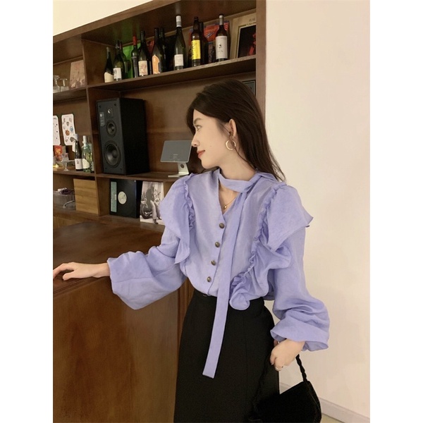 Áo Sơ Mi Tay Dài Dáng Rộng Màu Tím Phong Cách Hàn Quốc Thời Trang Cho Nữ hot tend2022