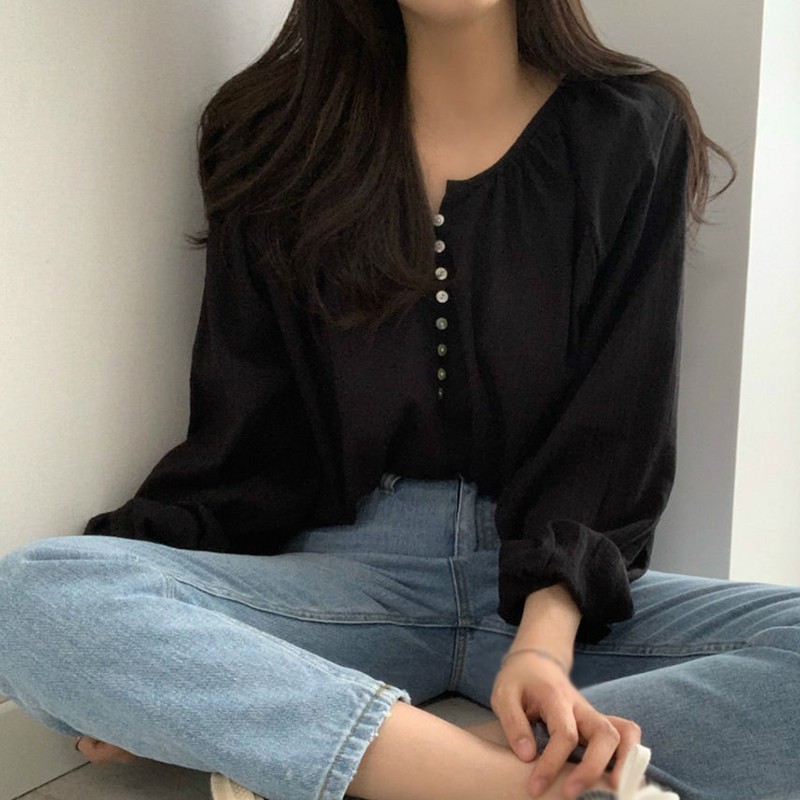 Áo sơ mi dáng rộng tay dài màu trơn phong cách đơn giản