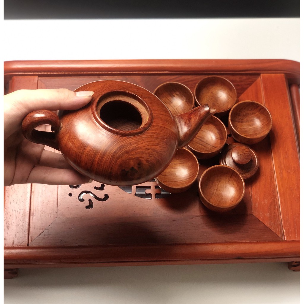Combo 5 sản phẩm khay trà gỗ hương mỹ nghệ cao cập kèm hộp trà, hộp giấy, ấm trà, gạt tàn gỗ làng nghề Đồng Kỵ