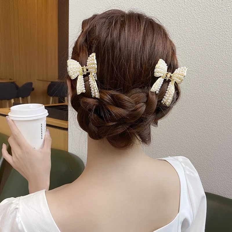 Kẹp Tóc Thắt Nơ Cá Mập Ba Chiều Đính Hạt Ngọc Trai Thanh Lịch Nổi Tiếng