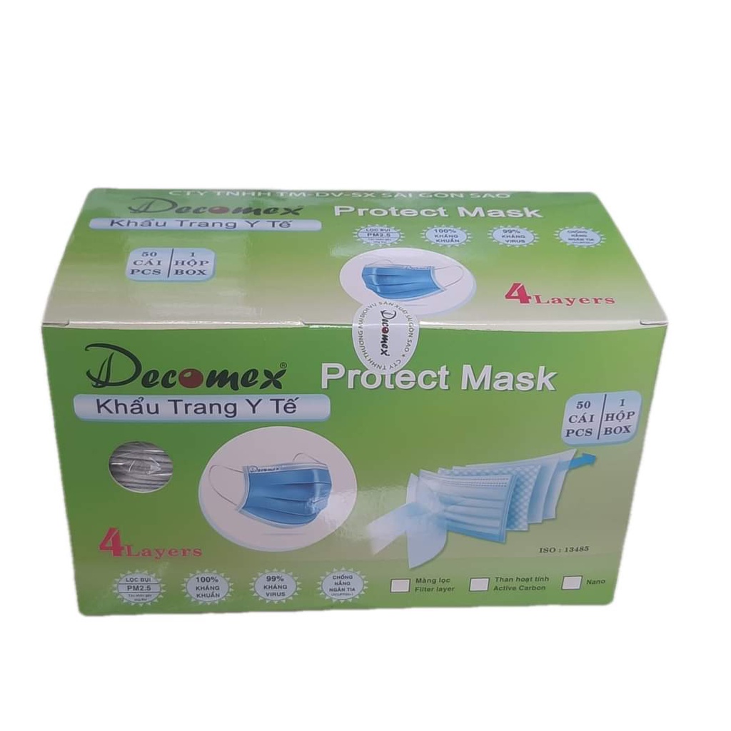 [Hộp 50 cái] Khẩu trang y tế 4 lớp, Decomex có các màu trắng, xám, xanh( có chứng từ y tế)