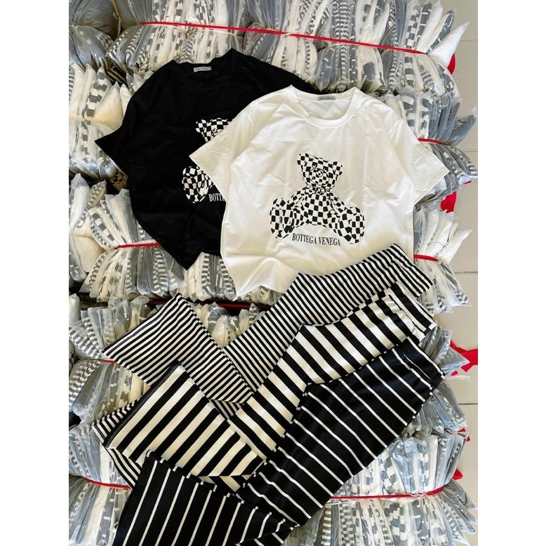 Set quần loe hot trend freesize dưới 60kg-Set bộ quần dài sọc ống loe kèm áo thun cotton mềm mát, set bộ mặc nhà dạo phố