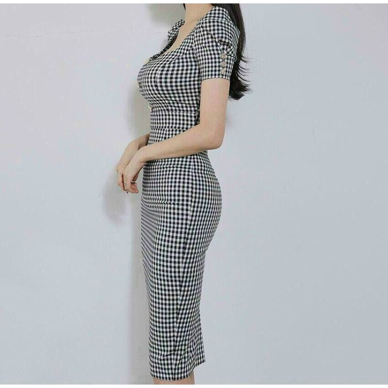 Đầm ôm công sở caro tay phồng thời trang Hàn Quốc Lh0917399527