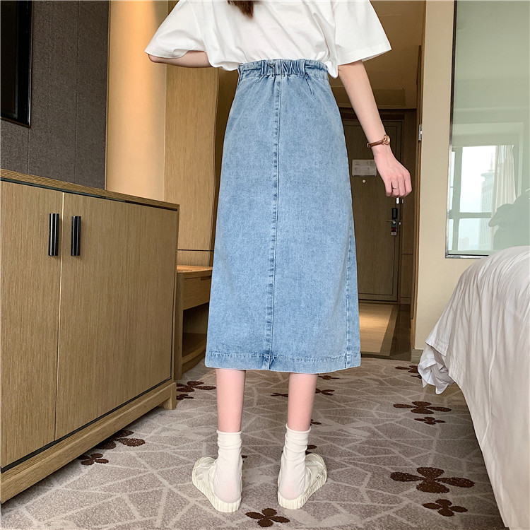 Xiaozhainv chân váy jean Chữ A Lưng Cao Xẻ Tà Phong Cách Retro Hàn Quốc | BigBuy360 - bigbuy360.vn