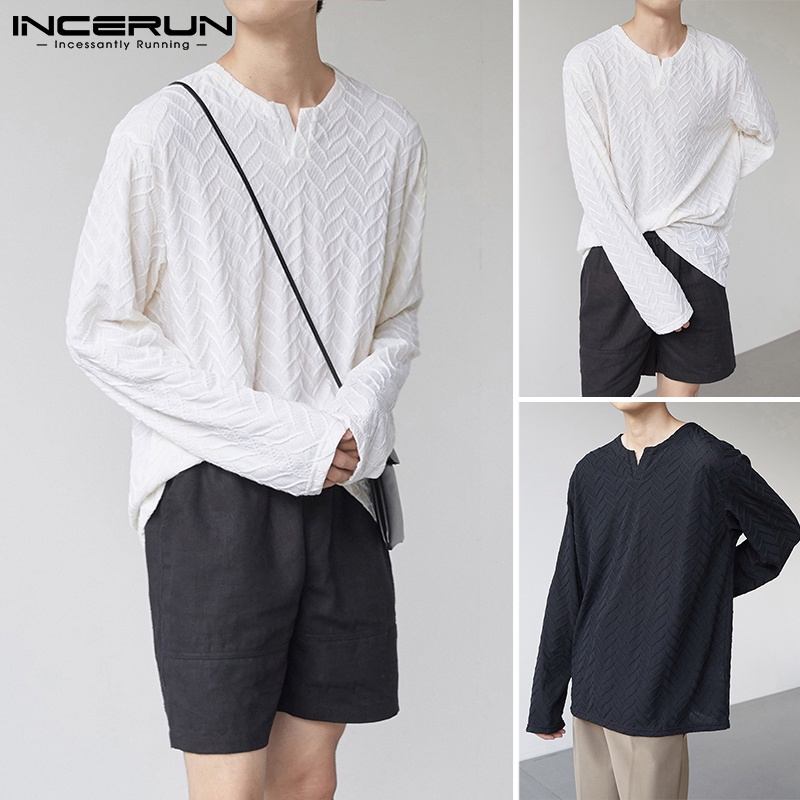 Áo INCERUN dáng rộng tay dài màu trơn cổ chữ V thời trang đơn giản dành cho nam