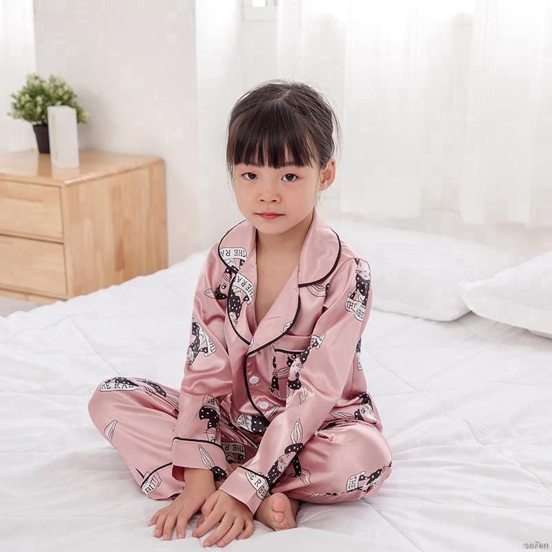 ruiaike  Kids Girls Boys Satin Silk Sleepwear Set Long Sleeve Cartoon Cat Print Button Blouse Tops + Pants Pajamas