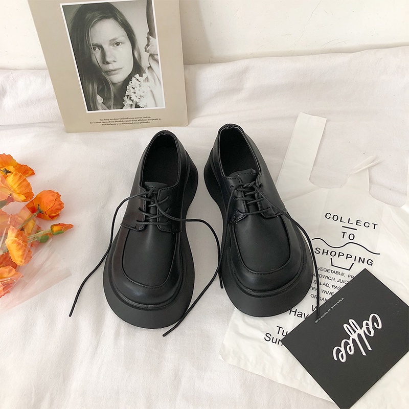 Giày oxford da ulzzang mũi tròn đế bánh mì phong cách Hàn Quốc