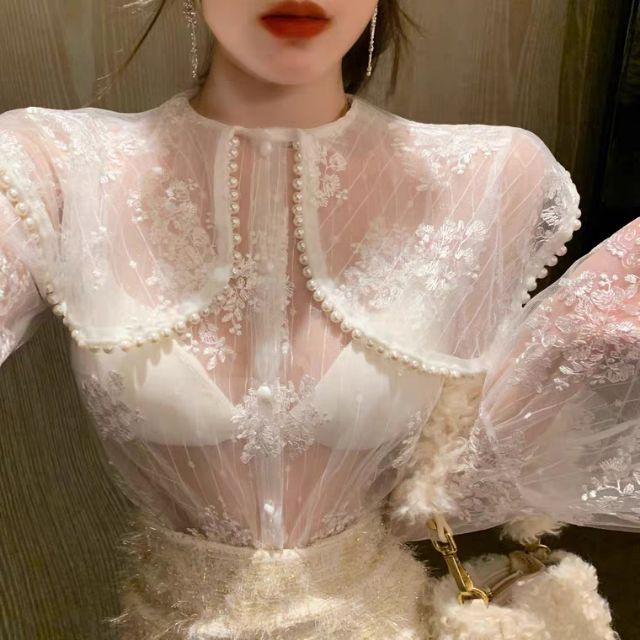 Áo sơmi voan mỏng đính ngọc