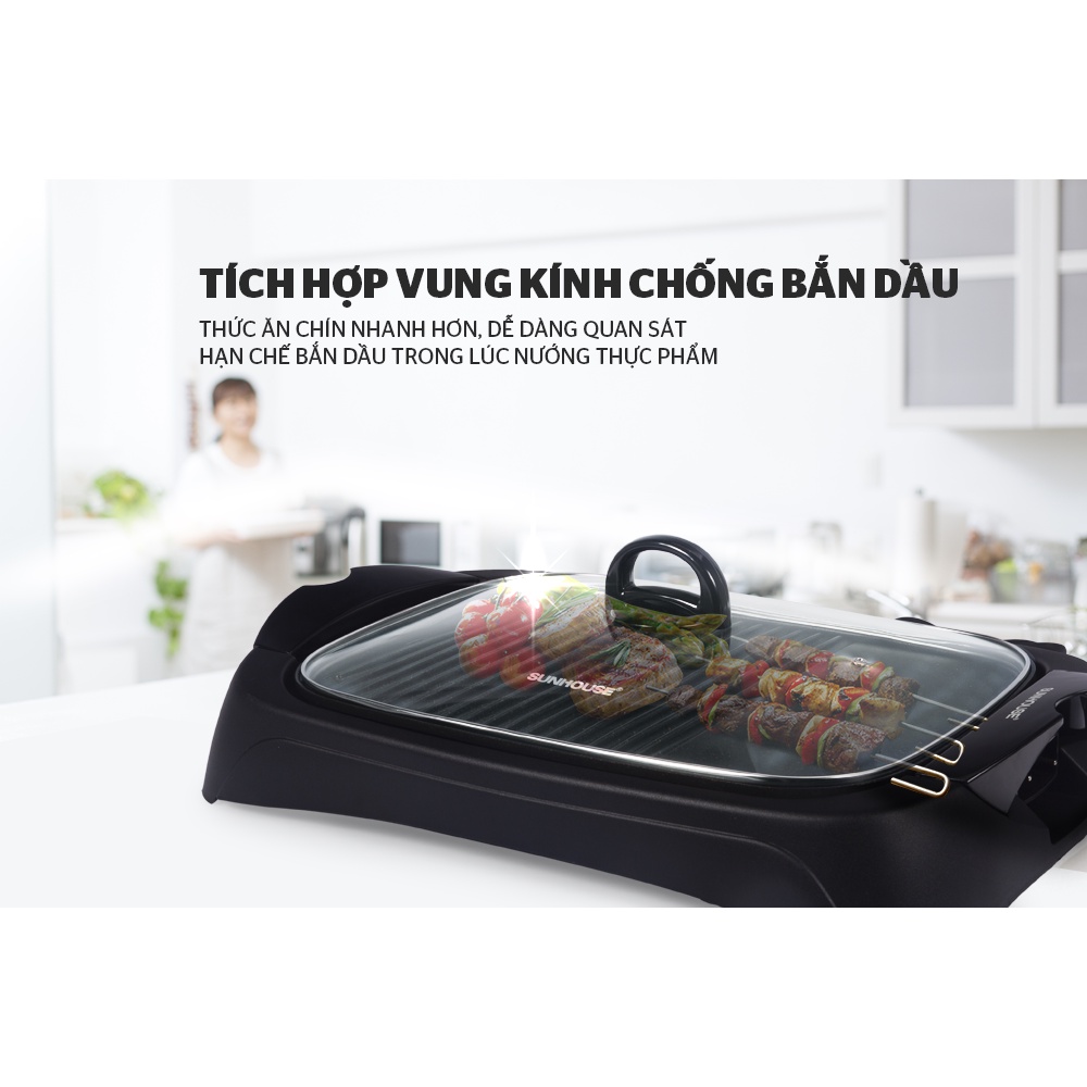Bếp nướng điện Sunhouse SHD4602, Công suất 2000W, Vung kính chống bắn, Khay hứng mỡ inox, Bảo hành 12 tháng