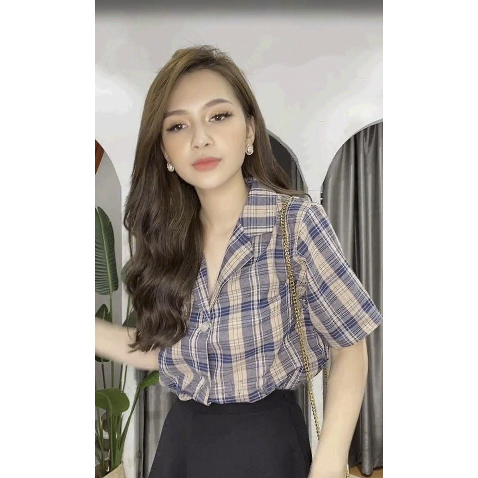 Áo Sơ Mi Nữ Caro Tím Oliu, Sơ Mi Vintage, Áo Công Sở Sang Chảnh A22