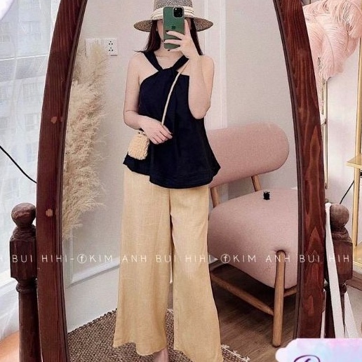 Set áo yếm xoắn ngực Dagami quần suông xòe rộng váy 2 dây nơ vai chun ôm dáng suông dài sang chảnh