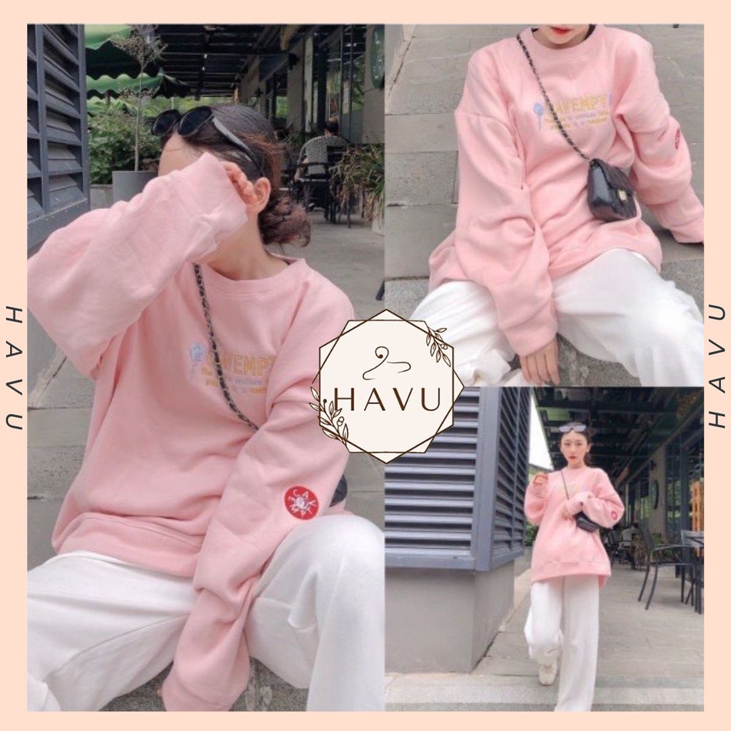 Set sweater dài tay form rộng quần boom ống rộng - Bộ áo nỉ oversize hồng pastel và quẩn suông thể thao trắng trơn basic