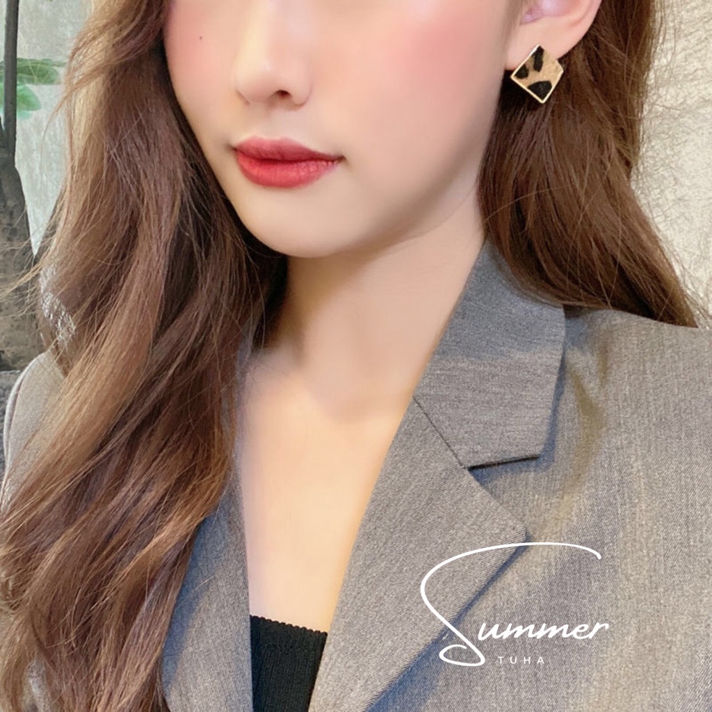 Bông tai, Khuyên Tai Da beo da hổ da báo Hình Vuông Summer bạc S925 Phong cách Hàn Quốc S29