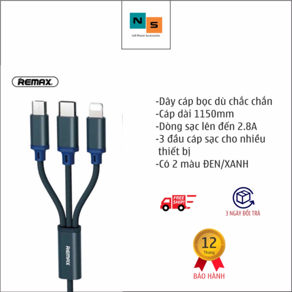 Dây Cáp Sạc 3 đầu Typec/Micro/Lightning Remax RC-131th