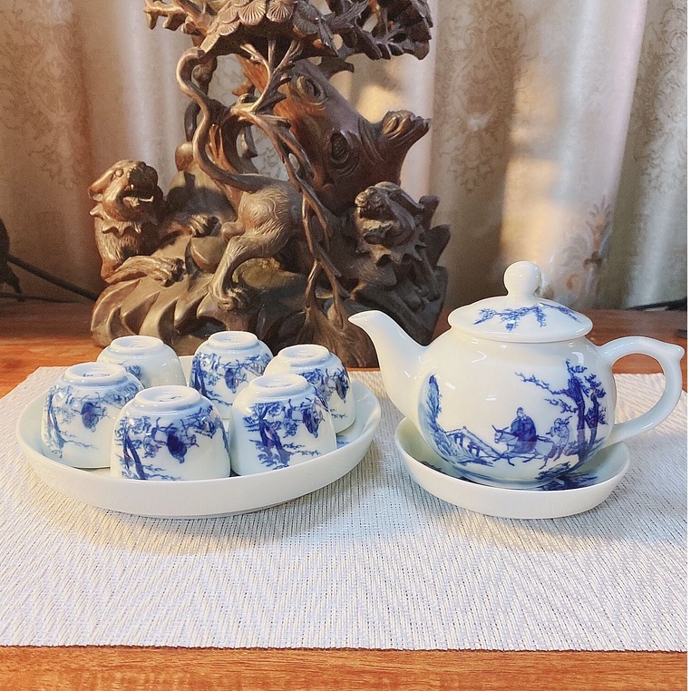 Bộ ấm trà, giả cổ gốm sứ Bát tràng cao cấp ấm chén vẽ Trúc Lâm Thất Hiền tách pha trà hiện đại