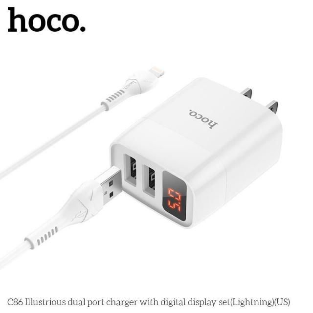 V8 - Bộ Sạc Nhanh Hoco C86 - 2,4A cổng Micro, có đèn Led hiển thị Ampe, Sạc cùng lúc 2 thiết bị, Hàng chính hãng