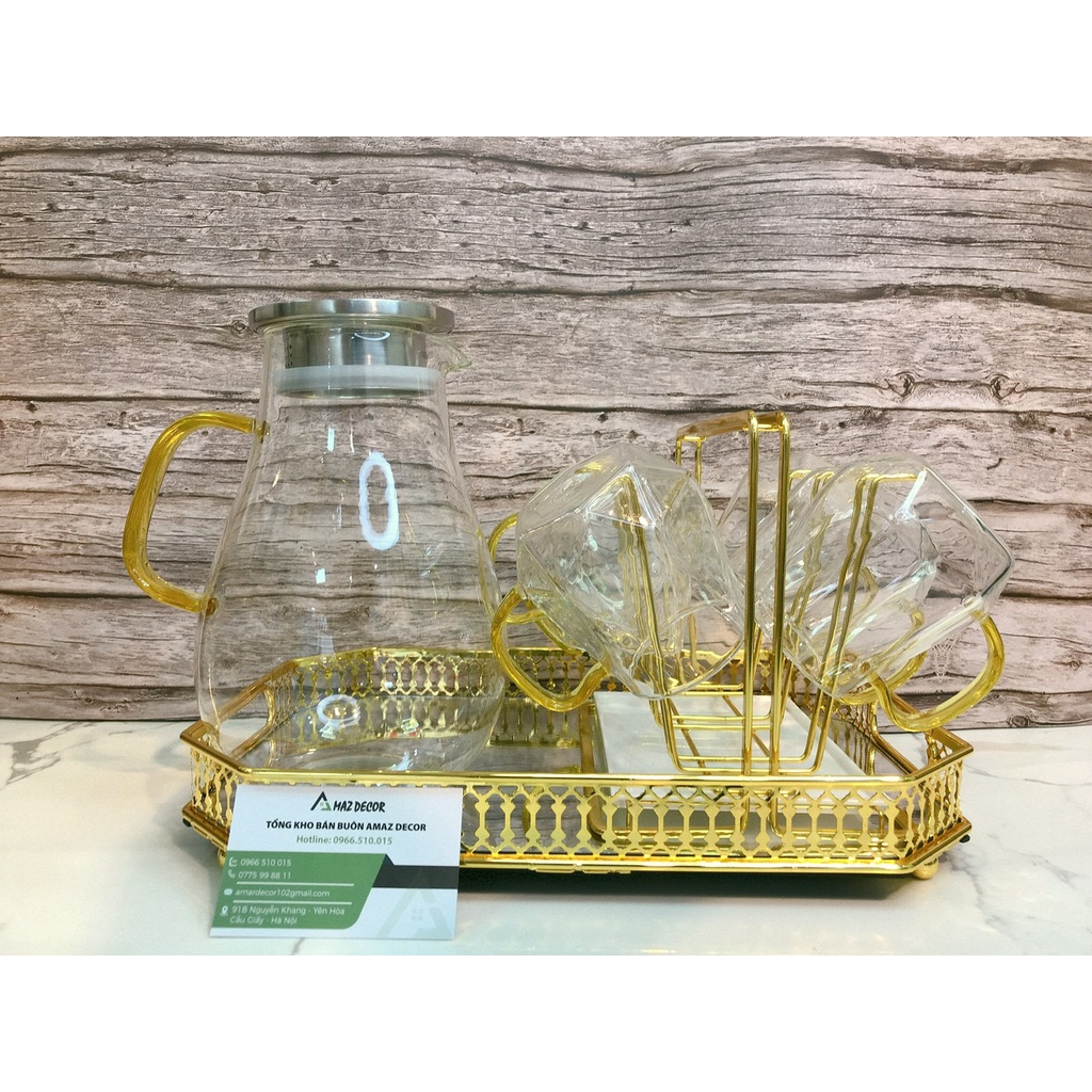 Bộ bình 6 cốc thủy tinh pha trà deox chịu nhiệt cao trong suốt bầu khía quai vàng kiểu dáng sang trọng cao cấp