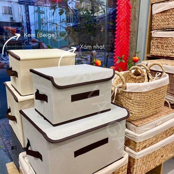 Thùng Vải đựng quần áo đồ lót đồ chơi bằng vải cứng 3 quai xách có nắp đậy không cần tủ tiện lợi có thể xếp chồng