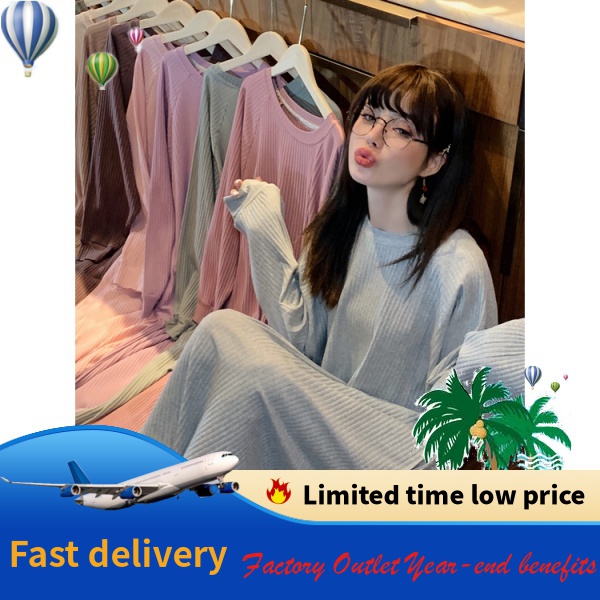 Đầm Ngủ Cotton Dài Tay Dáng Rộng Màu Trơn Thời Trang Xuân Thu Cho Mẹ Bầu